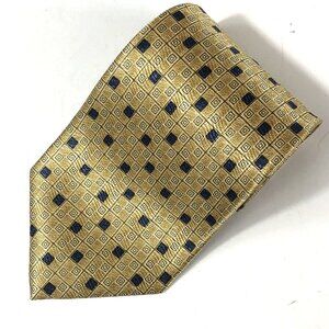 Pierre Cardin Silk Tie Gold Tan Navy Blue Micro Geometric Square Pattern Vintage